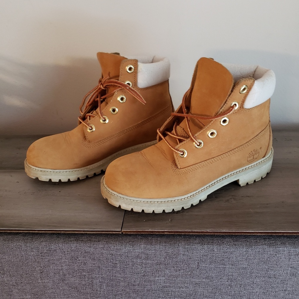 Tan and White Timberland Boots